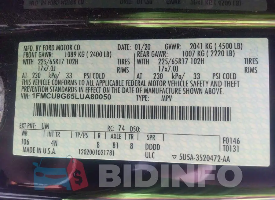 1FMCU9G65LUA80050 Photo# 9
