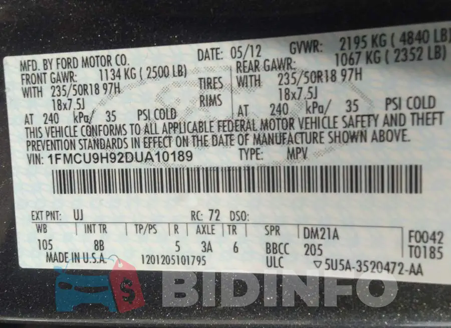 1FMCU9H92DUA10189 Photo# 9