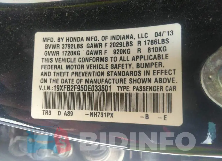 19XFB2F95DE033501 Photo# 9