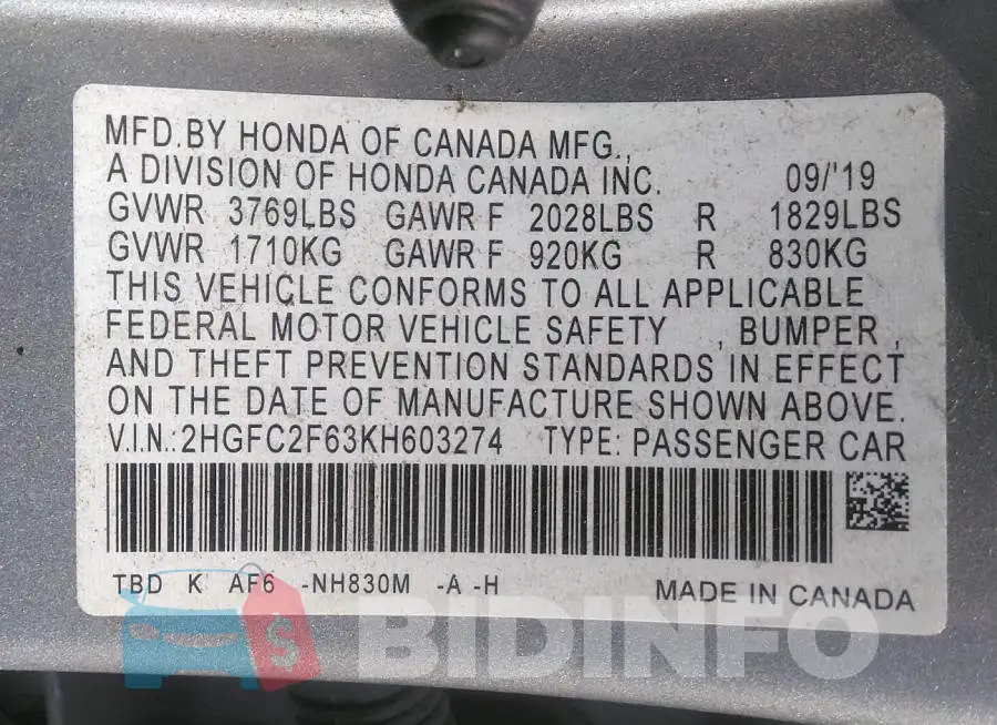 2HGFC2F63KH603274 Photo# 9