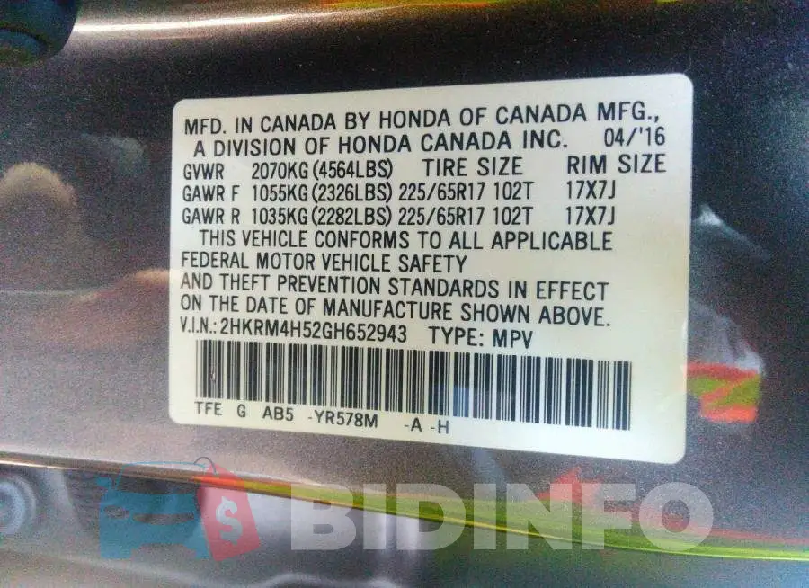 2HKRM4H52GH652943 Photo# 9