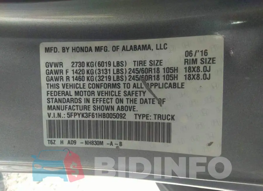 5FPYK3F61HB005092 Photo# 9