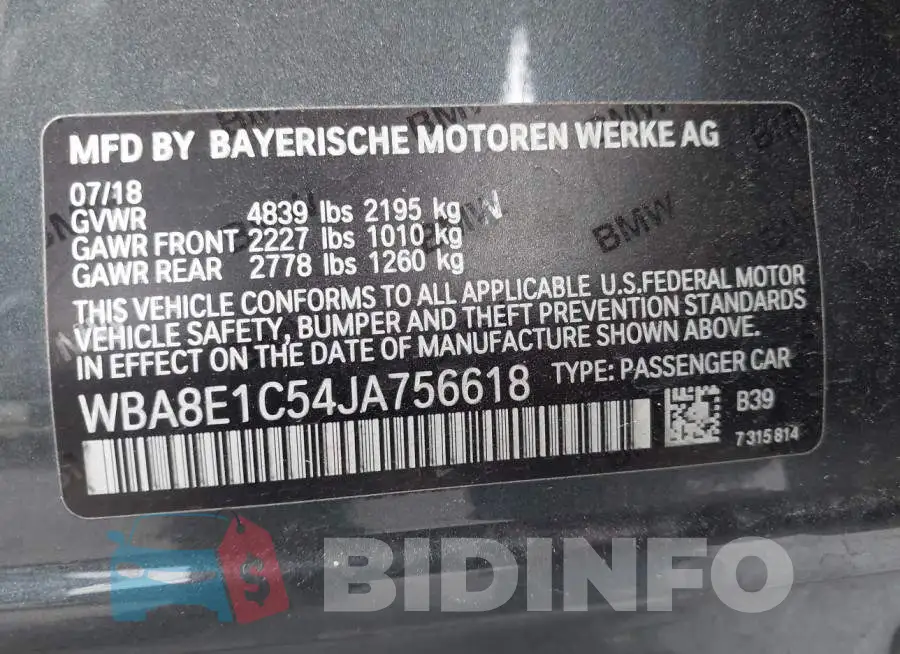 WBA8E1C54JA756618 Photo# 9