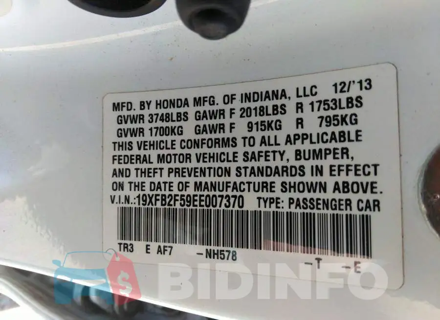 19XFB2F59EE007370 Photo# 9