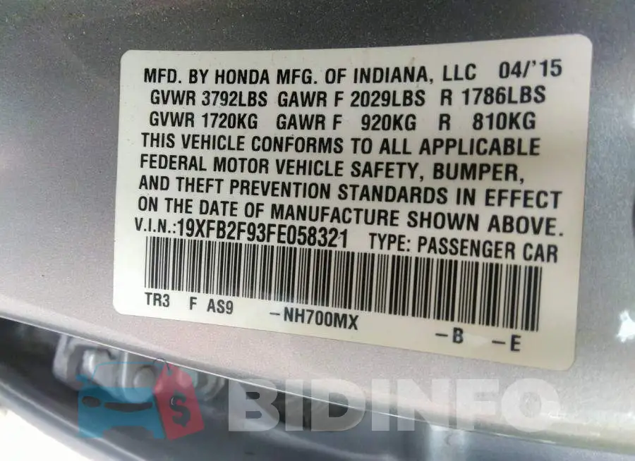19XFB2F93FE058321 Photo# 9