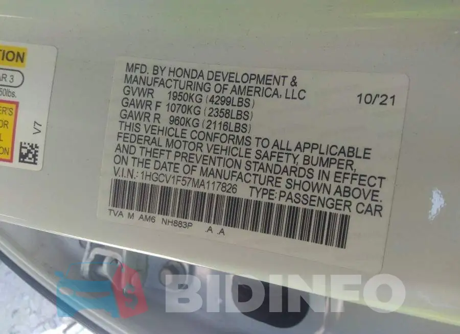 1HGCV1F57MA117826 Photo# 9