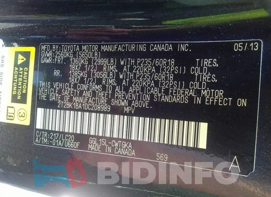 2T2BK1BA1DC208989 Photo# 9