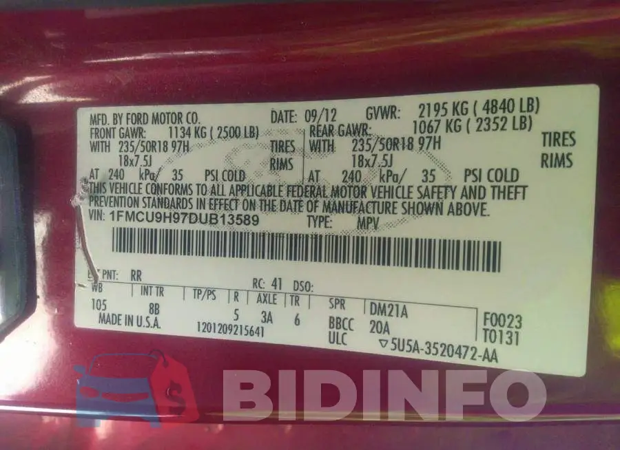 1FMCU9H97DUB13589 Photo# 9