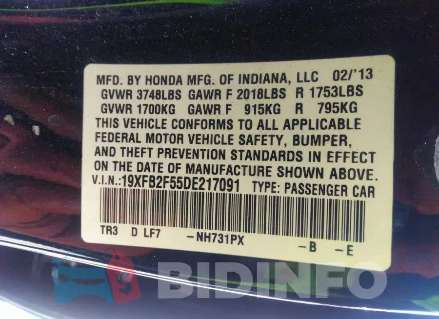 19XFB2F55DE217091 Photo# 9