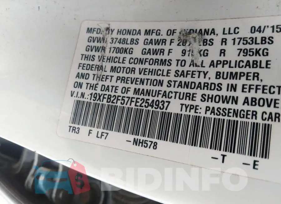 19XFB2F57FE254937 Photo# 9