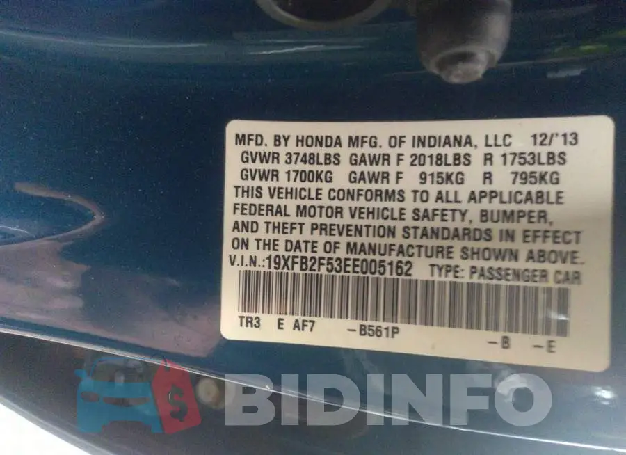 19XFB2F53EE005162 Photo# 9