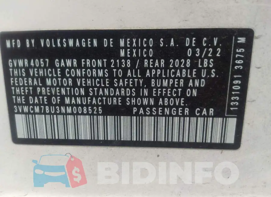 3VWCM7BU3NM008525 Photo# 9