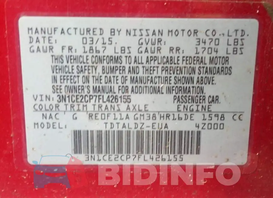 3N1CE2CP7FL426155 Photo# 9