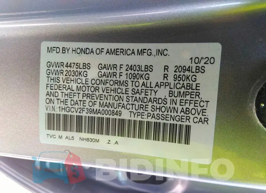 1HGCV2F39MA000849 Photo# 9