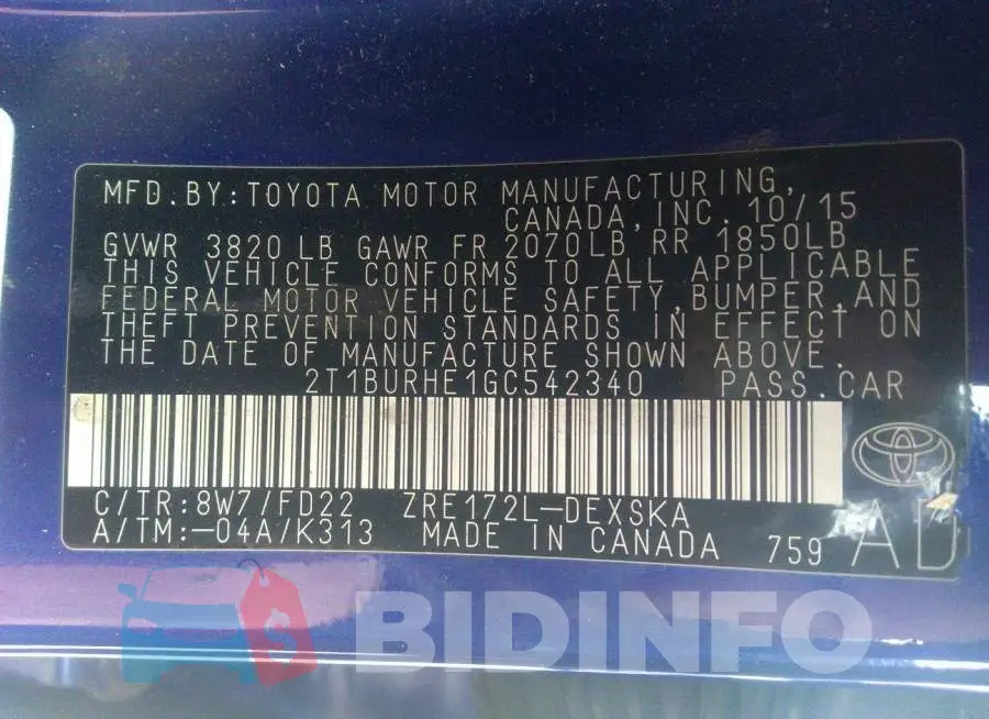2T1BURHE1GC542340 Photo# 9