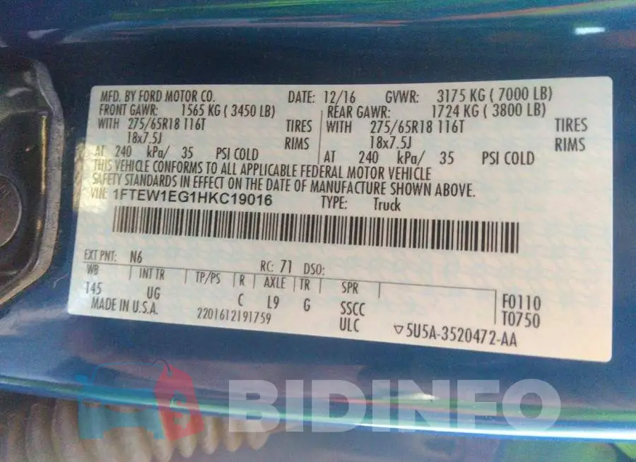 1FTEW1EG1HKC19016 Photo# 9