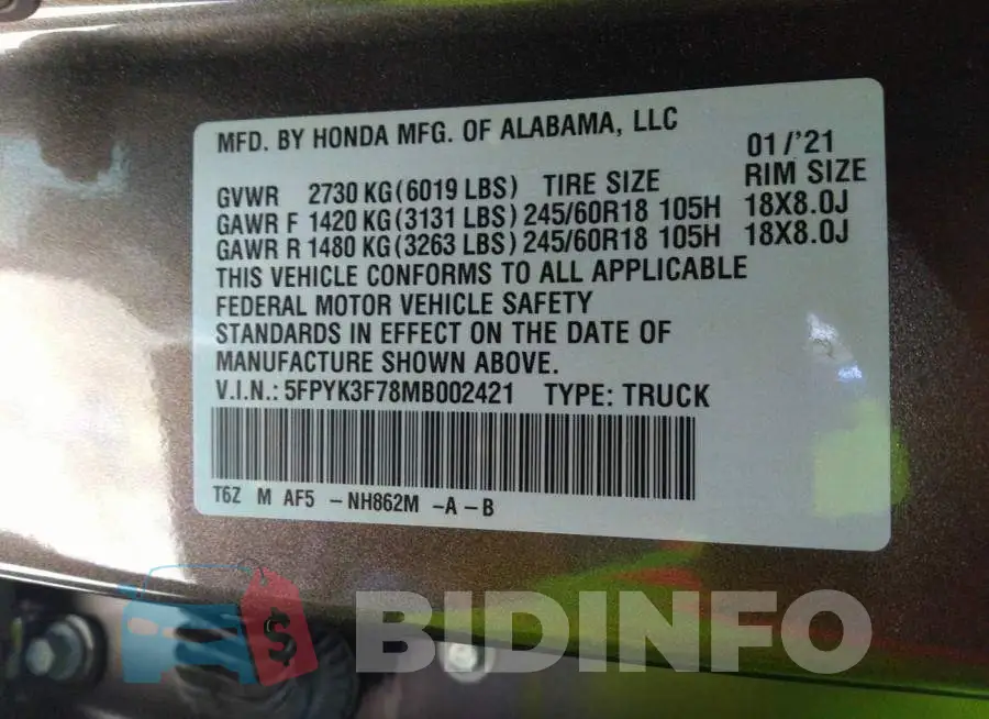 5FPYK3F78MB002421 Photo# 9