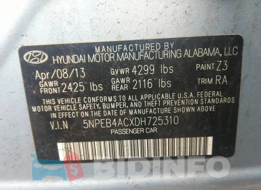 5NPEB4ACXDH725310 Photo# 9