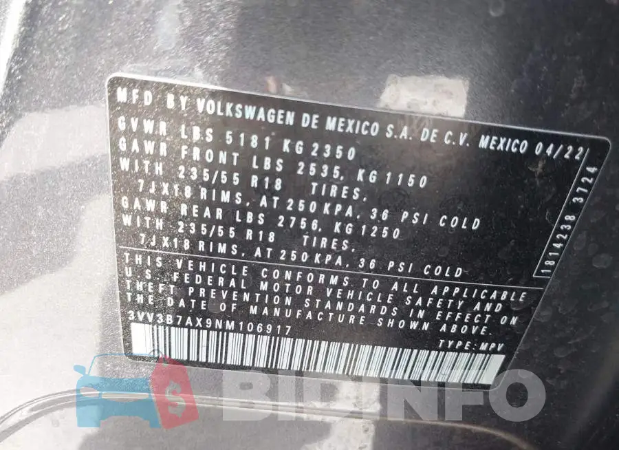 3VV3B7AX9NM106917 Photo# 9