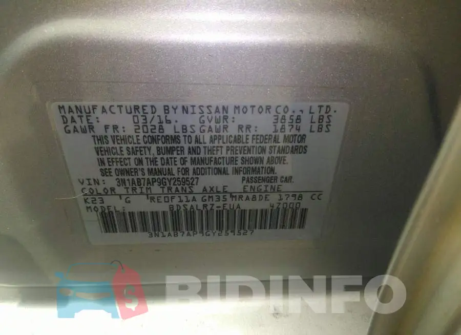 3N1AB7AP9GY259527 Photo# 9