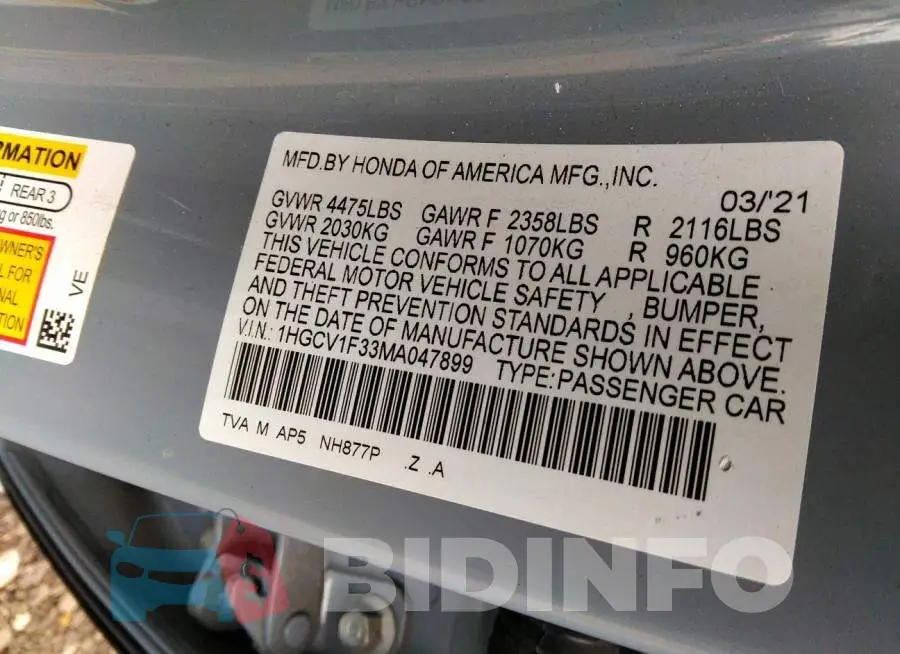 1HGCV1F33MA047899 Photo# 9