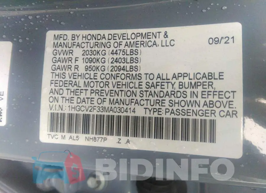 1HGCV2F33MA030414 Photo# 9
