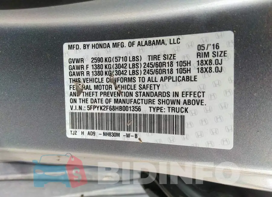5FPYK2F68HB001356 Photo# 9