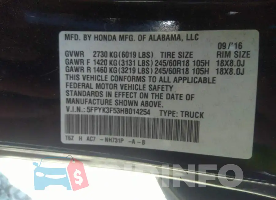 5FPYK3F53HB014254 Photo# 9