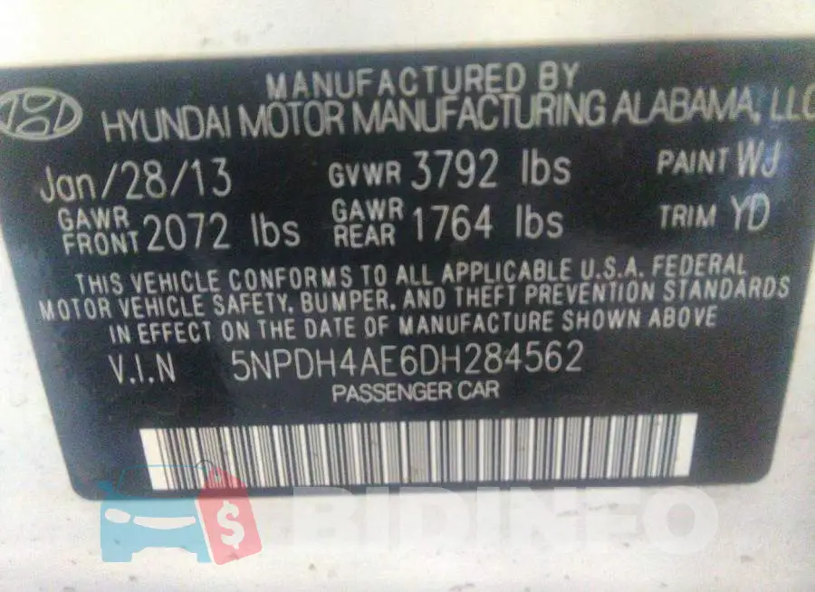5NPDH4AE6DH284562 Photo# 9