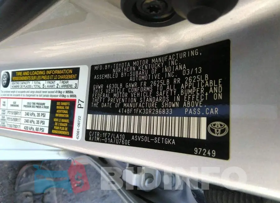 4T4BF1FK3DR296833 Photo# 9
