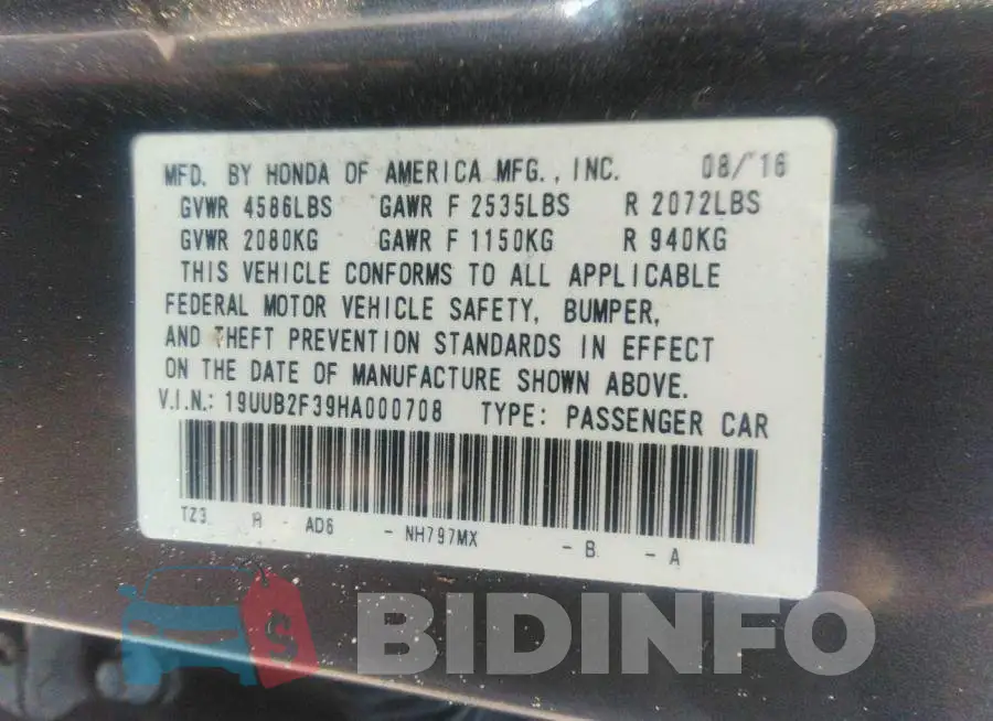 19UUB2F39HA000708 Photo# 9