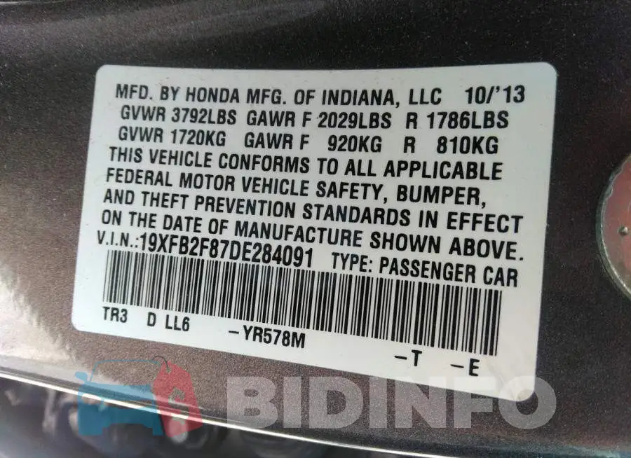 19XFB2F87DE284091 Photo# 9