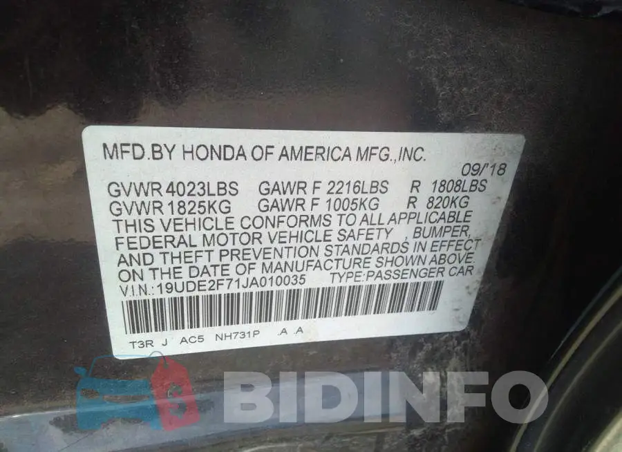 19UDE2F71JA010035 Photo# 9