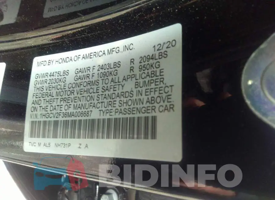 1HGCV2F36MA006687 Photo# 9