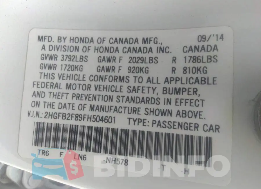 2HGFB2F89FH504601 Photo# 9