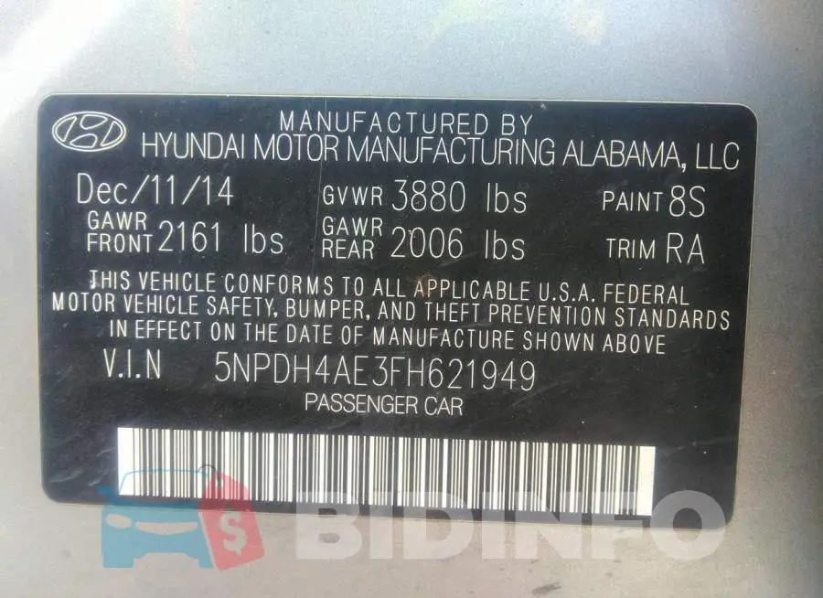 5NPDH4AE3FH621949 Photo# 9