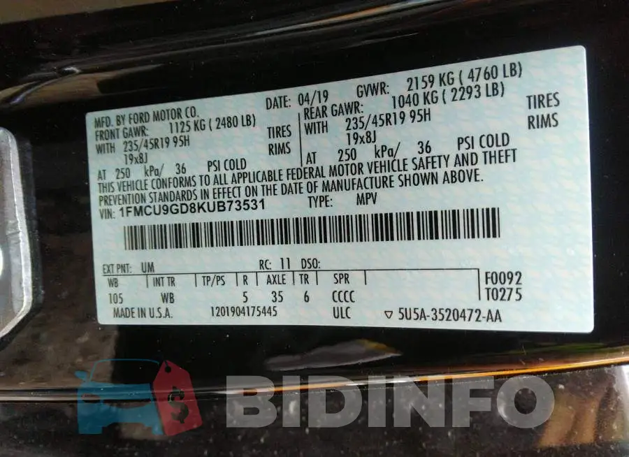 1FMCU9GD8KUB73531 Photo# 9