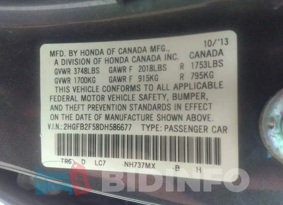 2HGFB2F58DH586677 Photo# 9