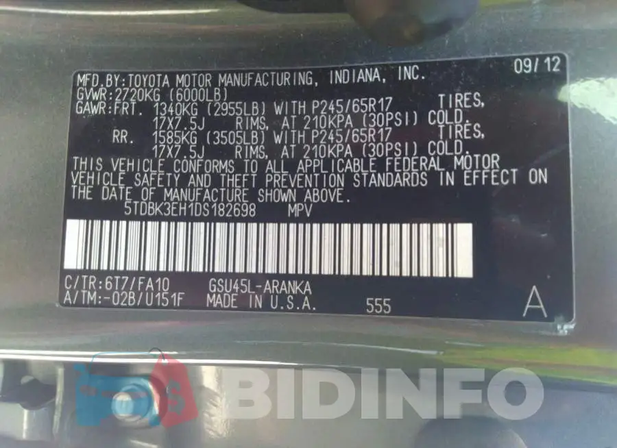 5TDBK3EH1DS182698 Photo# 9