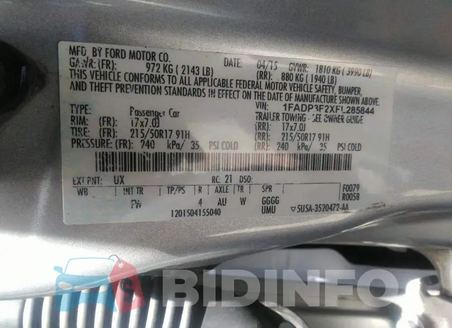1FADP3F2XFL285844 Photo# 9