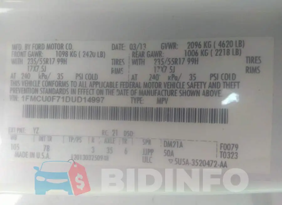 1FMCU0F71DUD14997 Photo# 9