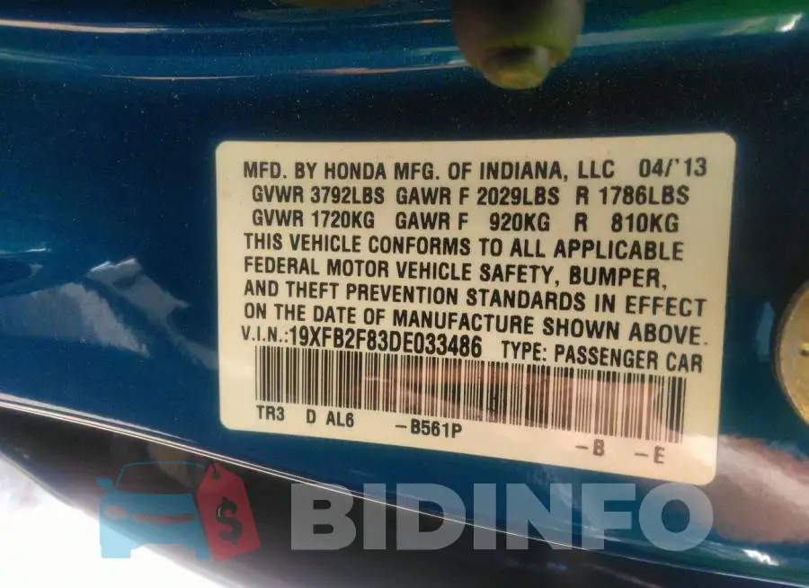 19XFB2F83DE033486 Photo# 9
