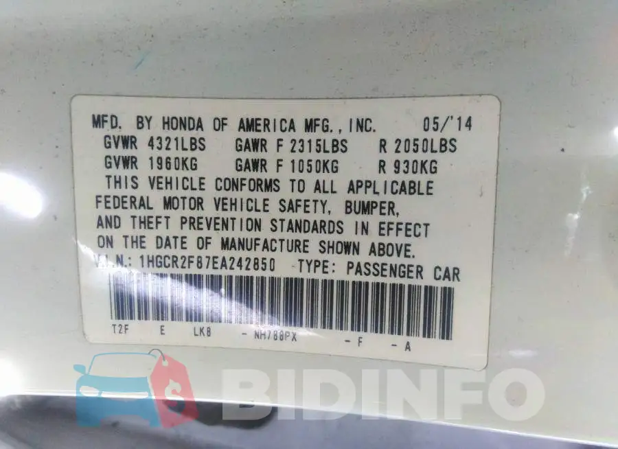 1HGCR2F87EA242850 Photo# 9