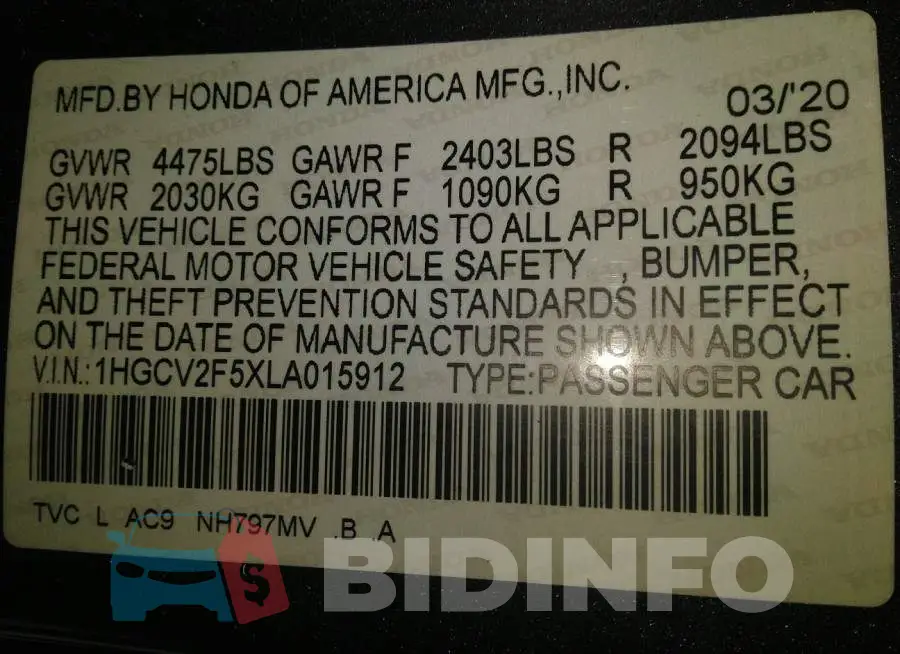 1HGCV2F5XLA015912 Photo# 9