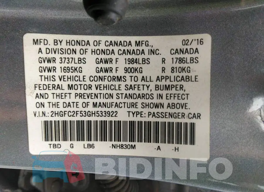 2HGFC2F53GH533922 Photo# 9
