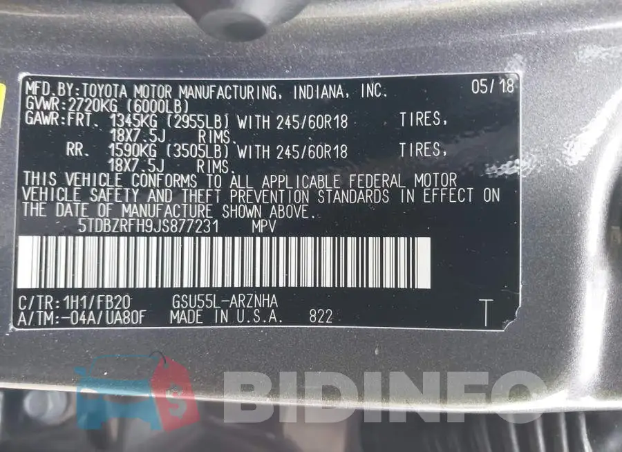 5TDBZRFH9JS877231 Photo# 9