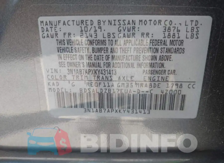 3N1AB7APXKY431413 Photo# 9