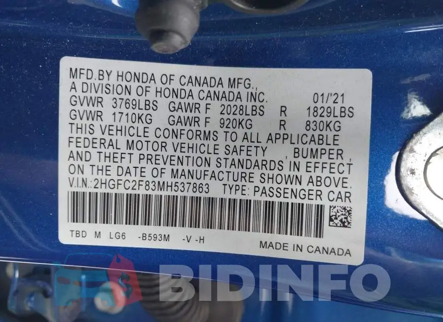 2HGFC2F83MH537863 Photo# 9