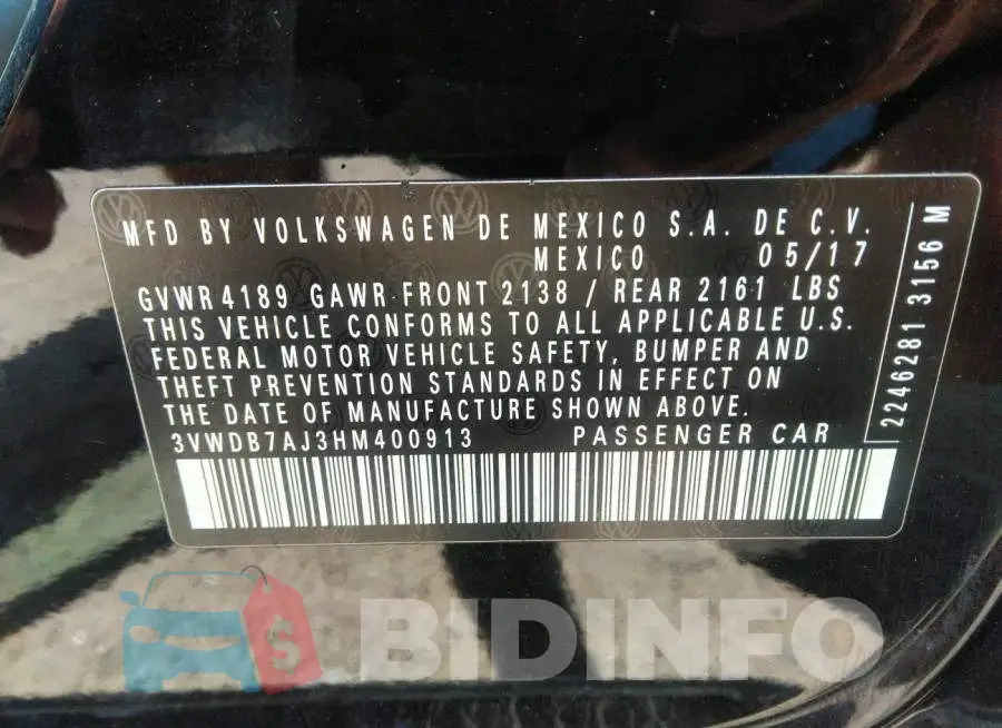 3VWDB7AJ3HM400913 Photo# 9