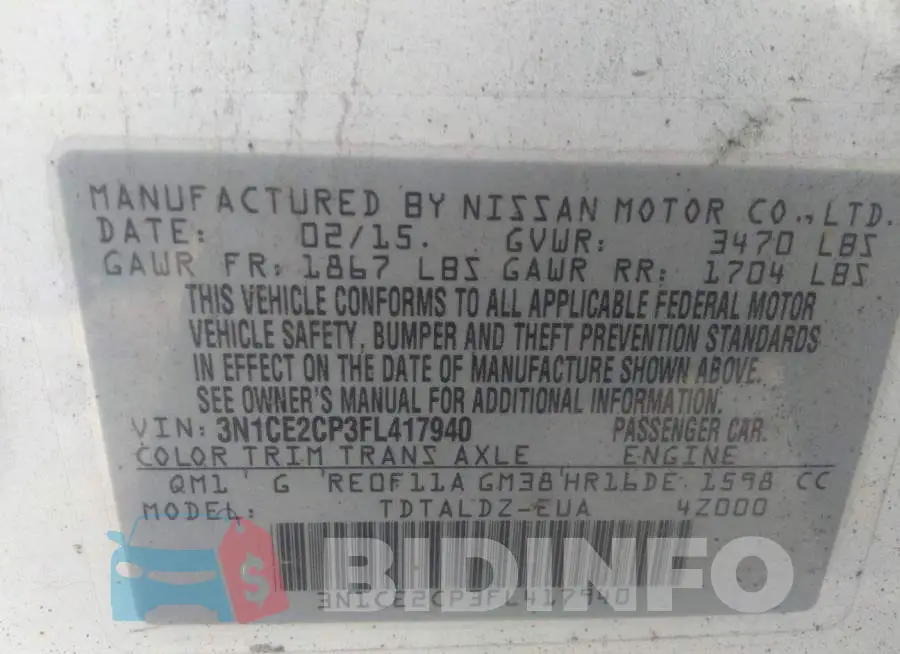 3N1CE2CP3FL417940 Photo# 9